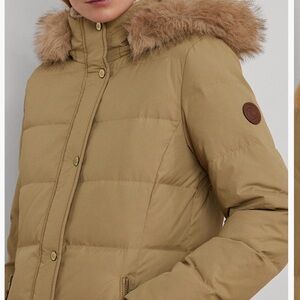 Polo Ralph Lauren Women's Beige Puffer Jacket with Faux Fur Hood